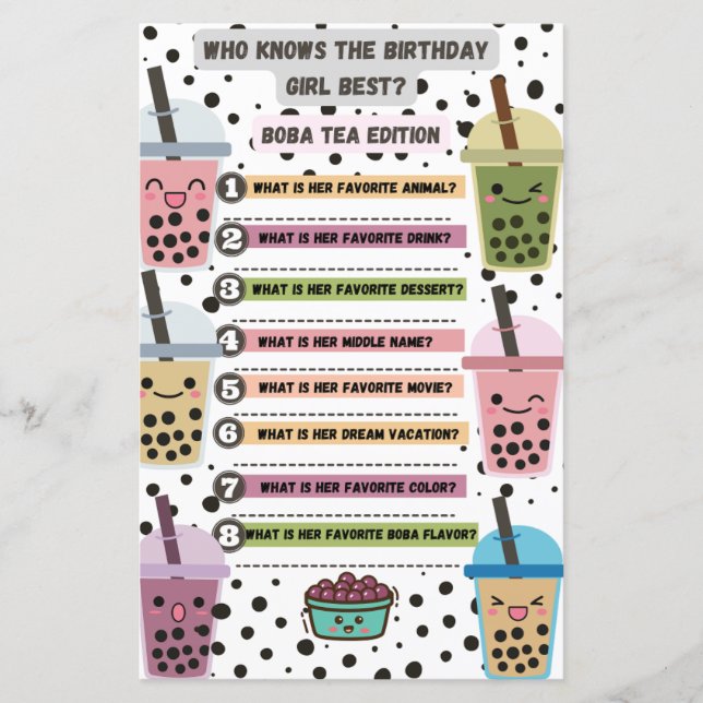 Boba Tea Birthday Party Game Activity (Front)
