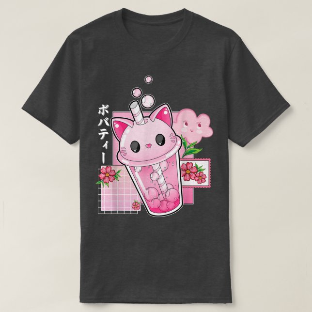 Boba Tea Cat Bubble Tea Kawaii Anime Japanese Girl T-Shirt (Design Front)