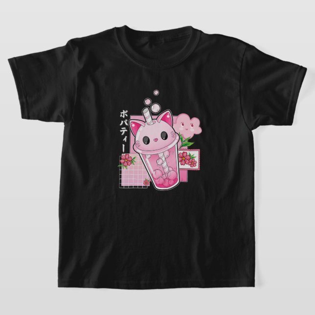 Boba Tea Cat Bubble Tea Kawaii Anime Japanese Girl T-Shirt (Laydown)