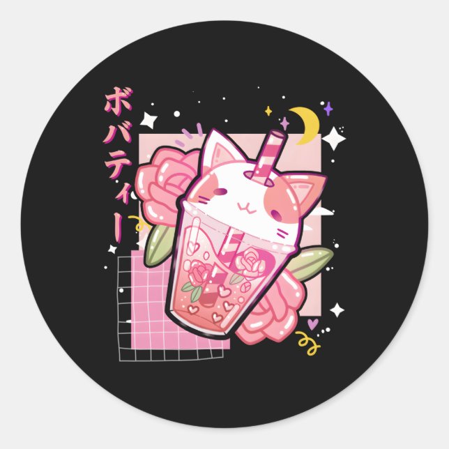 Boba Tea Cat Bubble Tea Kawaii Anime Japanese Nage Classic Round Sticker (Front)