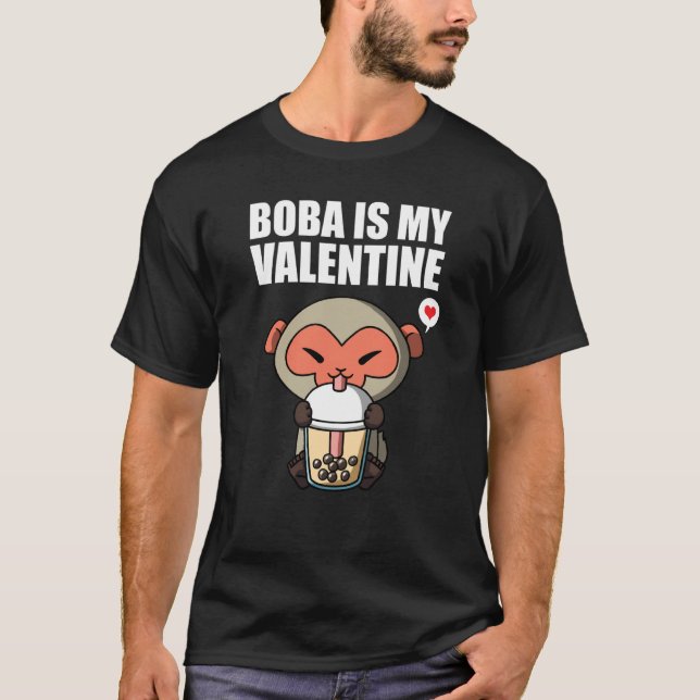 Boba Tea is My Valentine Macaque Monkey Anti Valen T-Shirt (Front)
