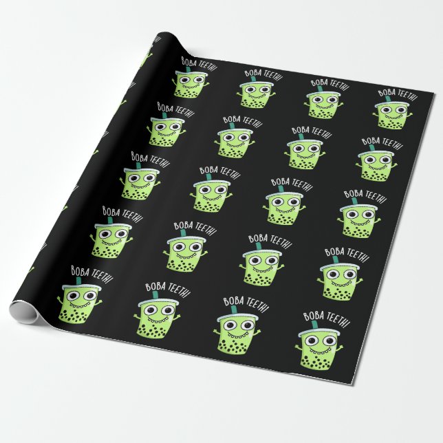Boba Teeth Funny Boba Tea Pun Dark BG Wrapping Paper (Unrolled)