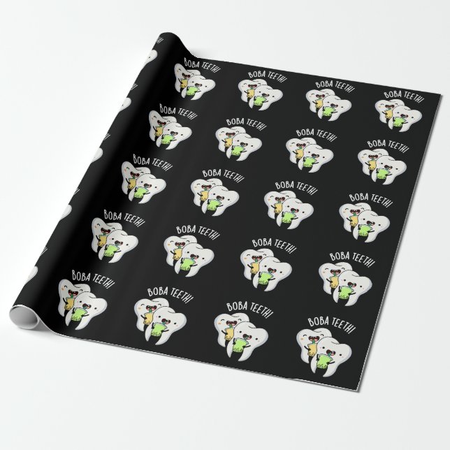 Boba Teeth Funny Boba Tea Pun Dark BG Wrapping Paper (Unrolled)