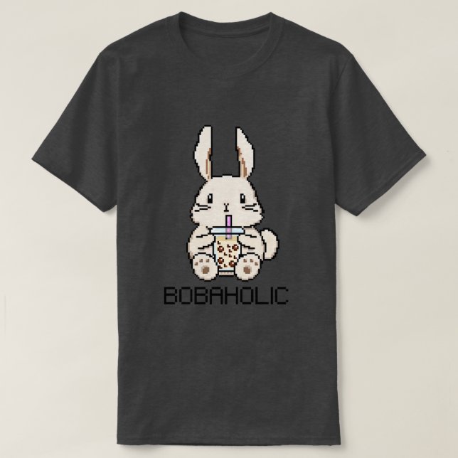 Bobaholic Pixel Bunny Loves Boba Tea T-Shirt (Design Front)