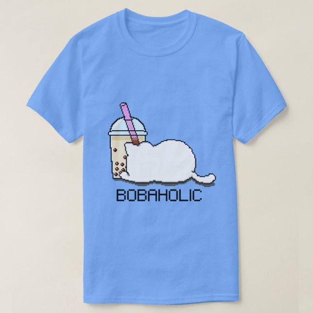 Bobaholic Pixel Cat Loves Boba Tea T-Shirt (Design Front)