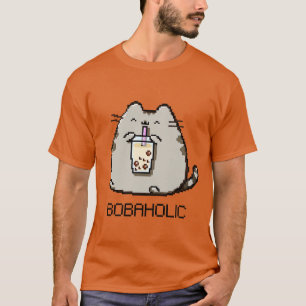 Bobaholic Pixel Chubby Cat Loves Boba Tea T-Shirt