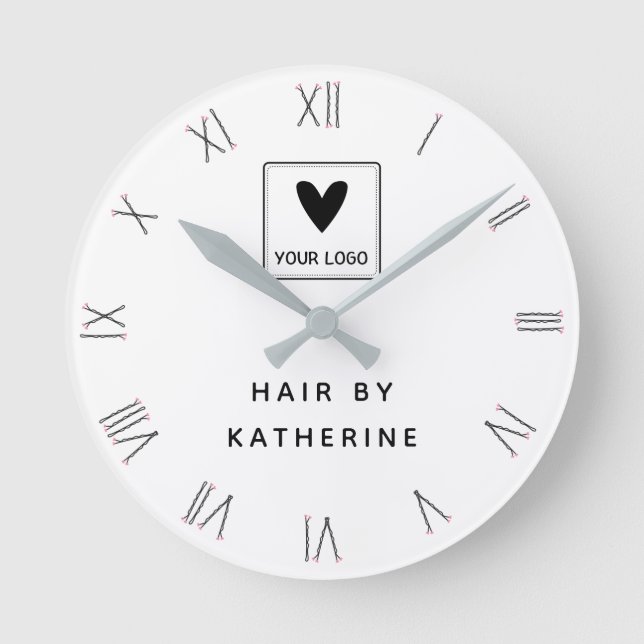 Bobby Pin Roman Numerals Hair Salon Name Logo Round Clock (Front)