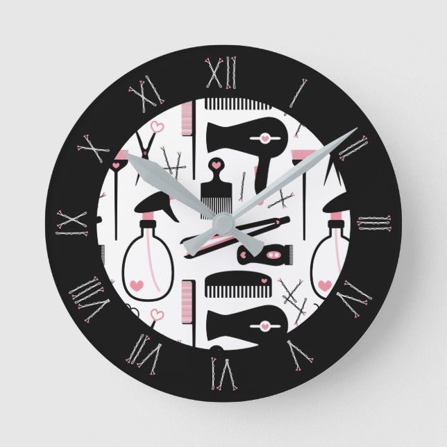 Bobby Pin Roman Numerals Hair Salon Pattern Round Clock (Front)