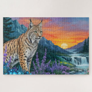 Bobcat / Lynx at sunrise by waterfall Jigsaw Puzzle