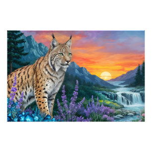 Bobcat/Lynx cat sunrise waterfall landscape Photo Print