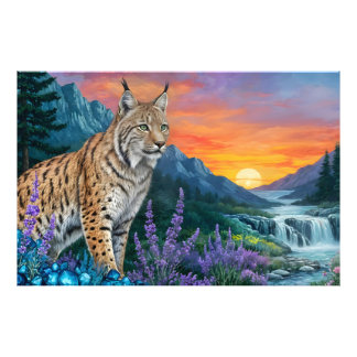 Bobcat/Lynx cat sunrise waterfall landscape Photo Print