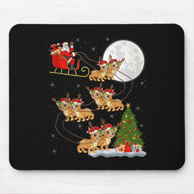 Bobcat Lynx Santa Sleigh Flying Funny Magical Chri Mouse Pad (Front)