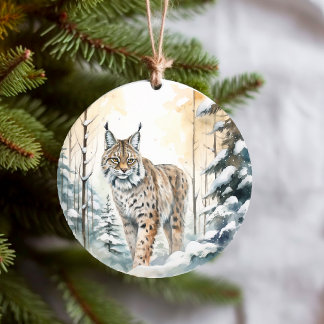 Bobcat Pretty Winter Woodland  Ceramic Tree Decoration