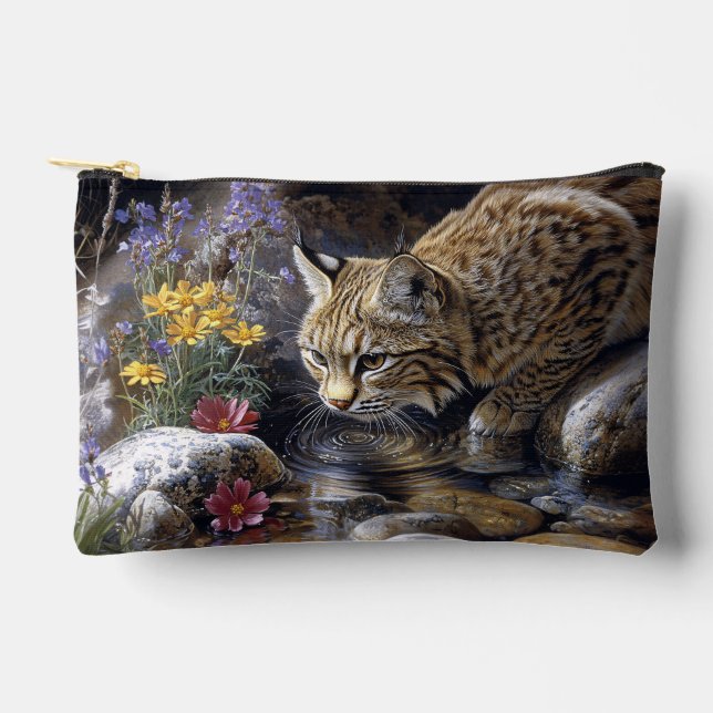 Bobcat with Wildflowers Scenic Art Accessory Pouch (Front)