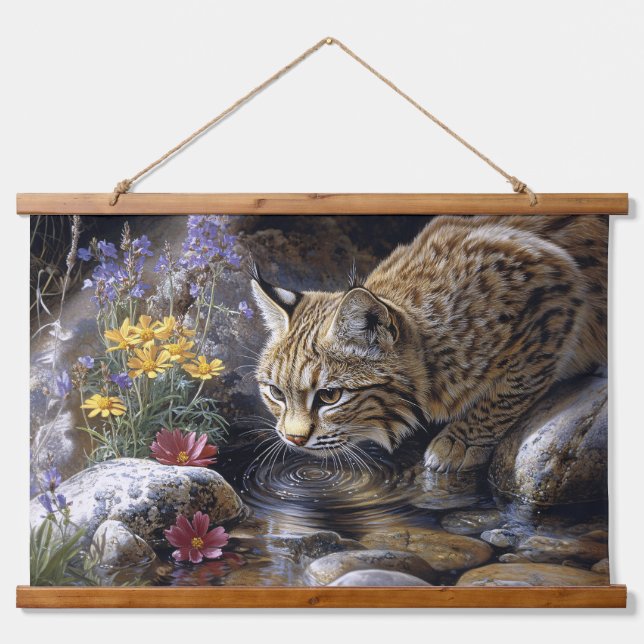 Bobcat with Wildflowers Scenic Art Hanging Tapestry (Front)