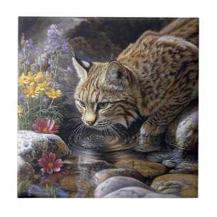 Bobcat with Wildflowers Scenic Art Tile