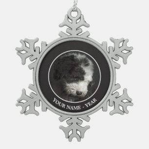 Bobtail puppy portrait in studio snowflake pewter christmas ornament