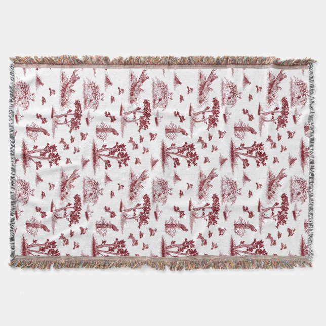 Bobwhite Quail Toile De Jouy Cranberry Throw (Front)