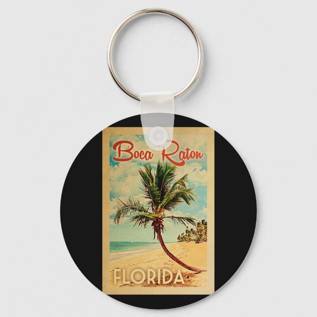Boca Raton Florida Palm Tree Beach Vintage Travel Key Ring (Front)