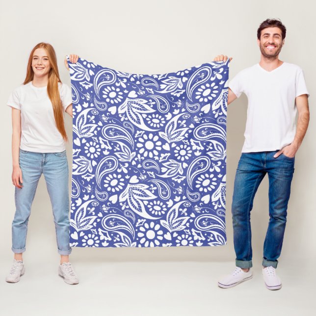 Boco Chic Classic Blue White Paisley Flower Heart Fleece Blanket (In Situ)