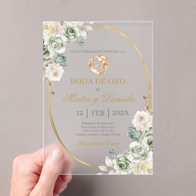 Boda de oro con boho blanco acrylic invitations (Insitu (Handheld))
