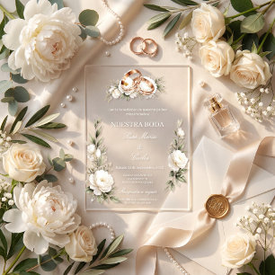 Boda Elegante con Anillos Dorados y Flores Blancas Acrylic Invitations