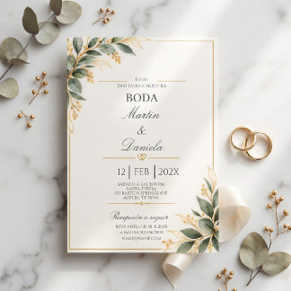 Boda Elegante con Eucalipto Verde y Dorado Invitation