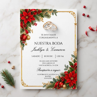Boda Navideña Eucalipto Poinsettias Dorado Invitation