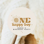 BODHI One Happy Boy First Trip Around Sun Birthday Classic Round Sticker<br><div class="desc">Calling all free spirits! Join us as we celebrate 'One Happy Boy' and his bohemian sun first birthday with our groovy favour sticker. Bursting with earthy colours and retro fonts, this invite sets the stage for an unforgettable celebration. Get ready for a day of sunshine, smiles, and good vibes. This...</div>