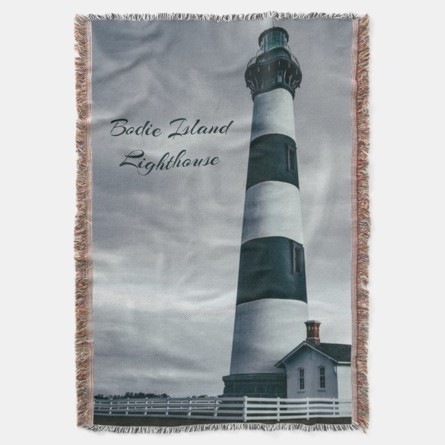 Bodie Island Lighthouse black and white Throw Blanket (Front Vertical)