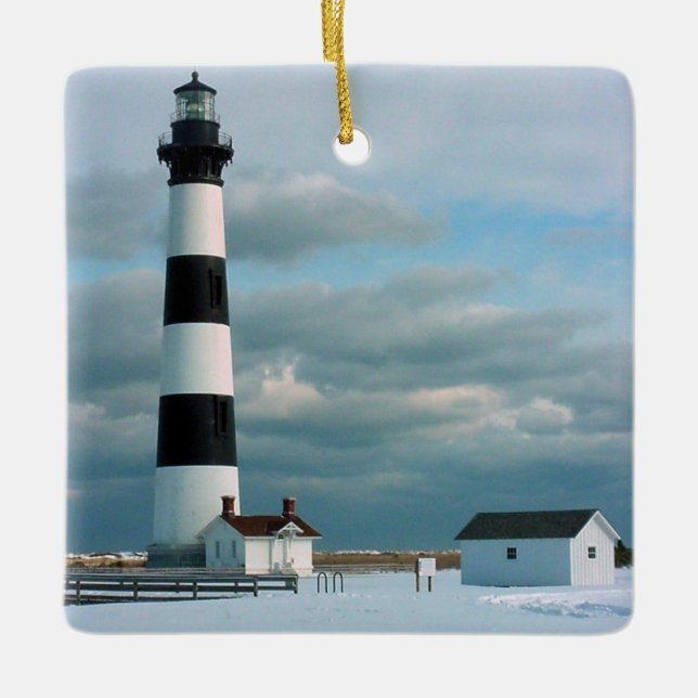 Bodie Lighthouse with Snow, Outer Banks, NC Ceramic Ornament (Front)