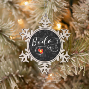Bodø Flag Heart, Norway, Bodö Snowflake Pewter Christmas Ornament
