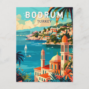 Bodrum Turkey Travel Art Vintage Postcard