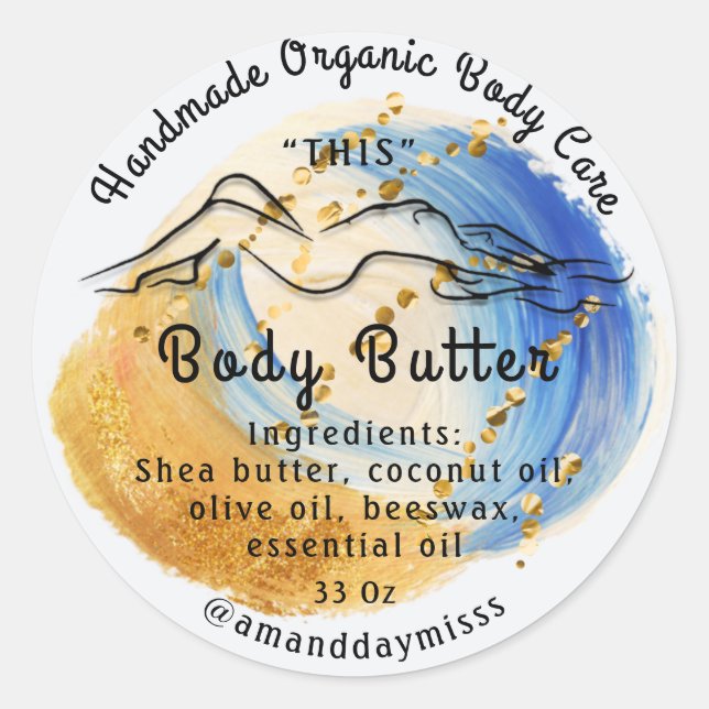 Body Butter Balm Care Packaging Gold Blue Classic Round Sticker (Front)