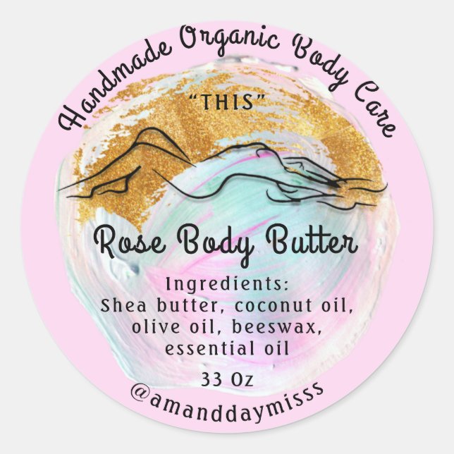 Body Butter Balm Care Packaging Rose Pink Stroke Classic Round Sticker (Front)