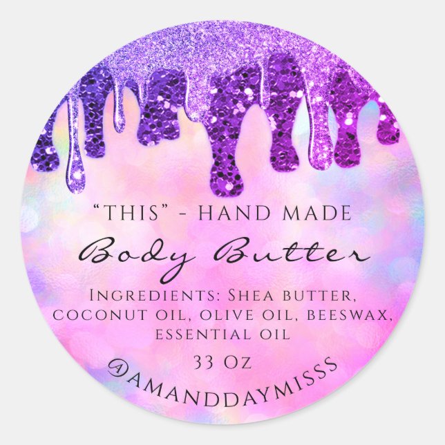 Body Butter Handmade Packaging Glitter Drips Pinky Classic Round Sticker (Front)