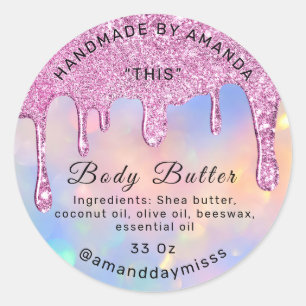 Body Butter Packaging Pink Drips Holographic Classic Round Sticker