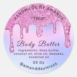 Body Butter Packaging Pink Drips Holographic White Classic Round Sticker