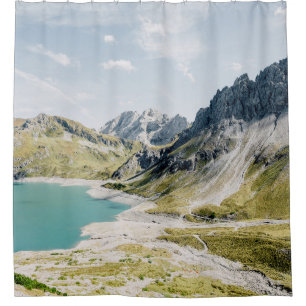 BODY OF WATER SURROUNDED BY MOUNTAINS SHOWER CURTAIN
