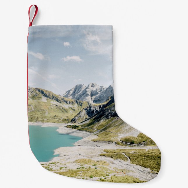 BODY OF WATER SURROUNDED BY MOUNTAINS SMALL CHRISTMAS STOCKING (Front)