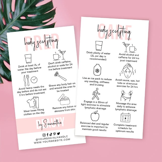 Body Sculpting Aftercare Instructions Pink Salon Business Card (Body sculpting pre and post-treatment care instructions cards in elegant design)