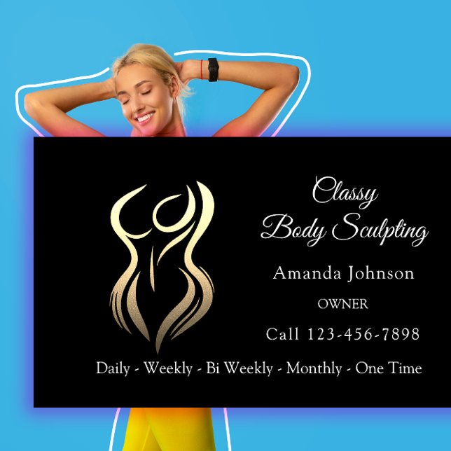 Body Shaping Sculpting Massage Gold Logo QR Black Business Card (Body Shaping Sculpting Massage Gold Logo QR Black Business Card)