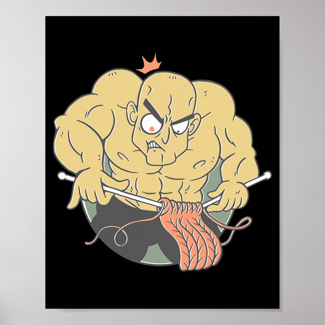 Bodybuilder Man Knitting Bodybuilding Cartoon  Poster (Front)