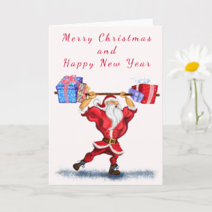 Bodybuilder Santa Claus with Christmas Gifts - Fun Card