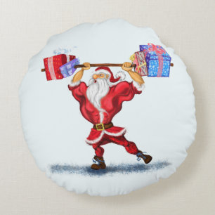 Bodybuilder Santa Claus with Christmas Gifts - Fun Round Cushion