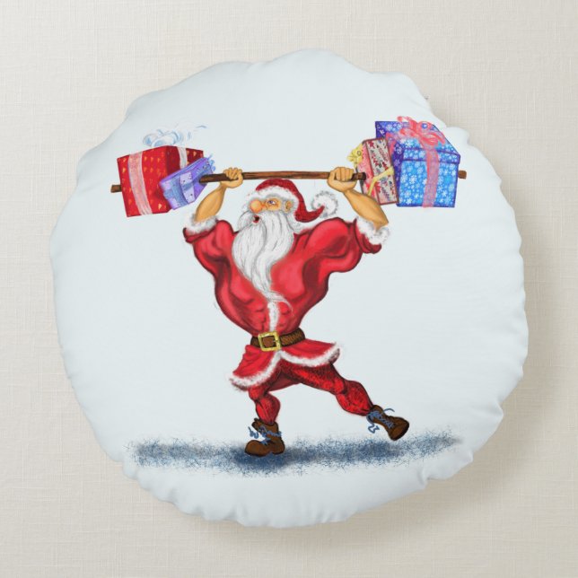 Bodybuilder Santa Claus with Christmas Gifts - Fun Round Cushion (Back)