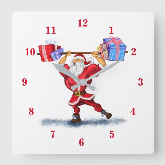 Bodybuilder Santa Claus with Christmas Gifts - Fun Square Wall Clock (Front)