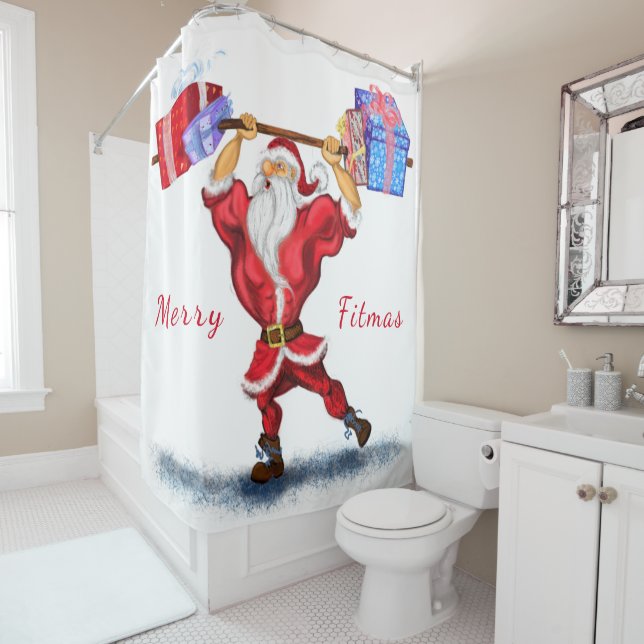 Bodybuilder Santa Claus with Christmas Gifts Funny Shower Curtain (In Situ)