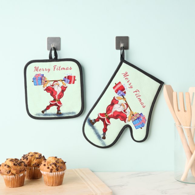 Bodybuilder Santa Claus with Gift Funny Christmas Oven Mitt & Pot Holder Set (Insitu(Hanging))