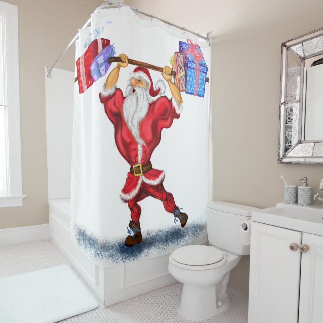 Bodybuilder Santa Funny Christmas Shower Curtain (In Situ)